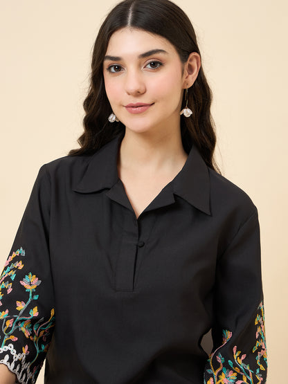Black Embroidered Collared Co-ord Set