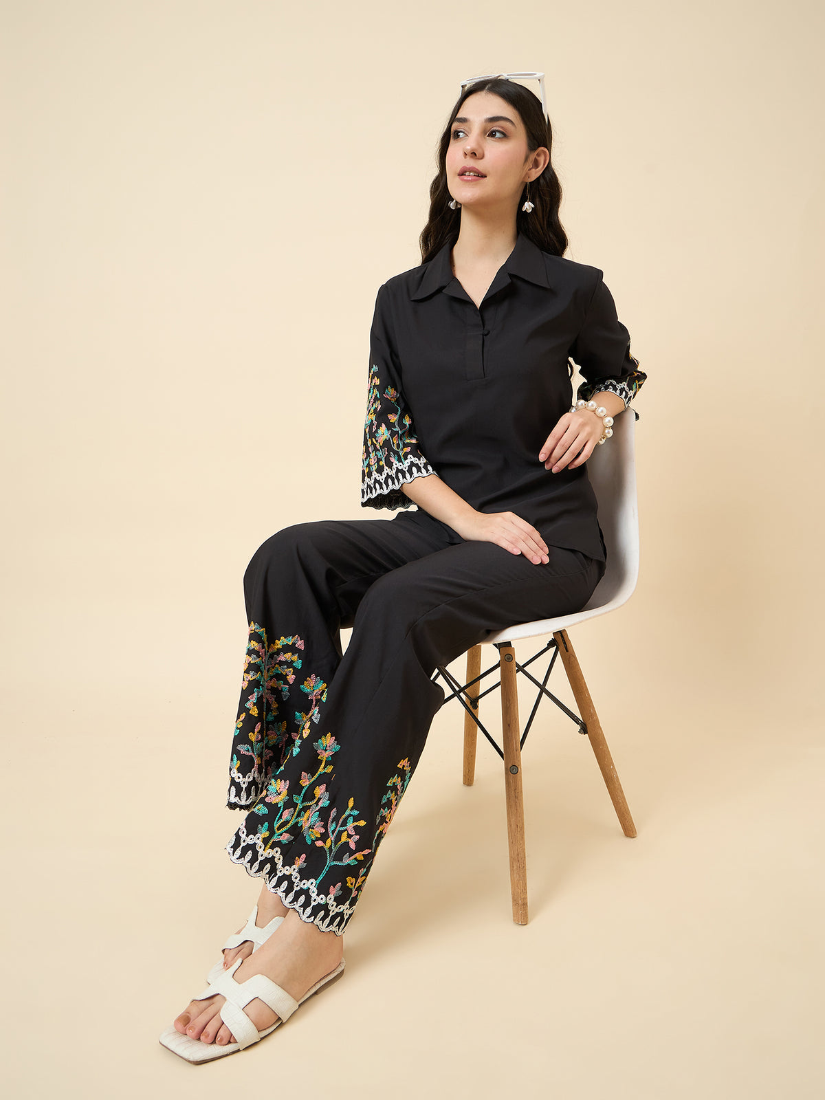 Black Embroidered Collared Co-ord Set