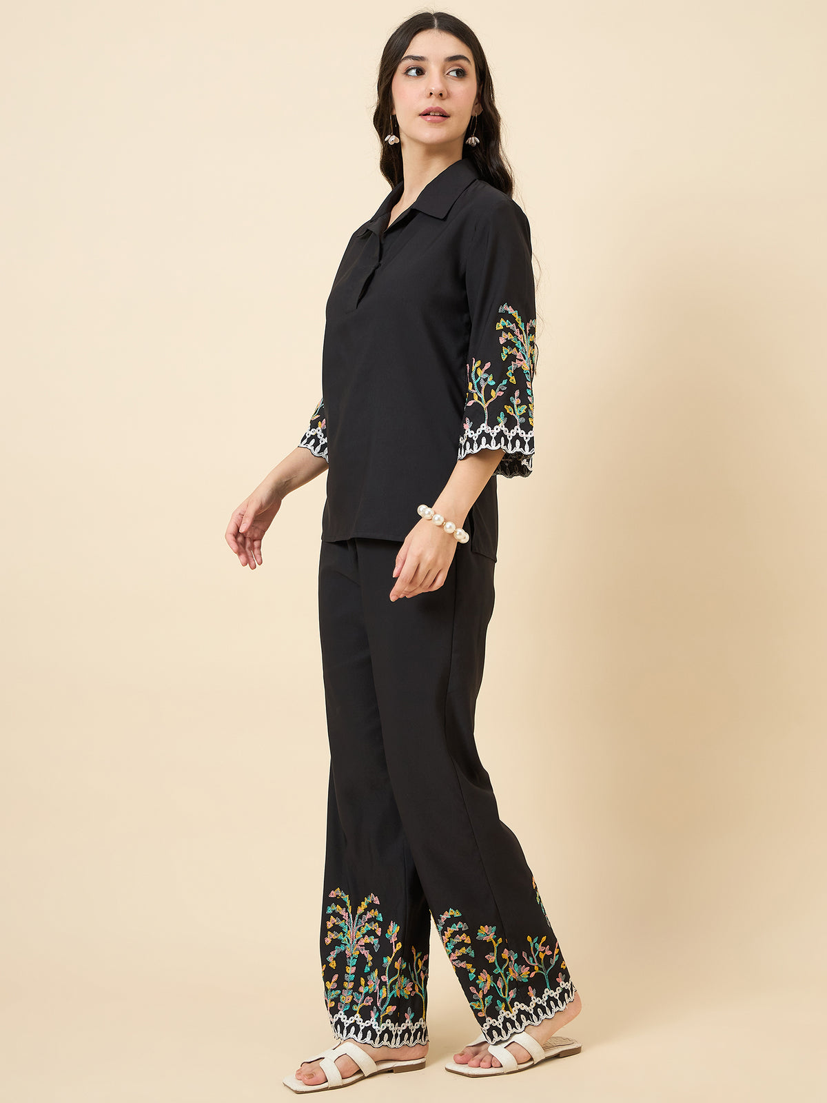 Black Embroidered Collared Co-ord Set