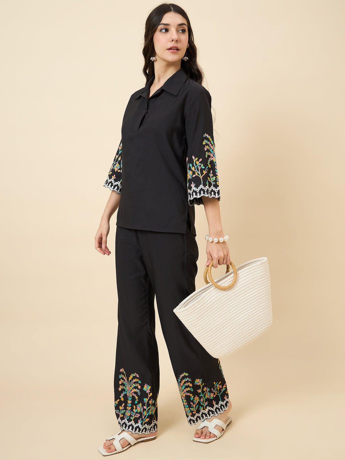 Black Embroidered Collared Co-ord Set