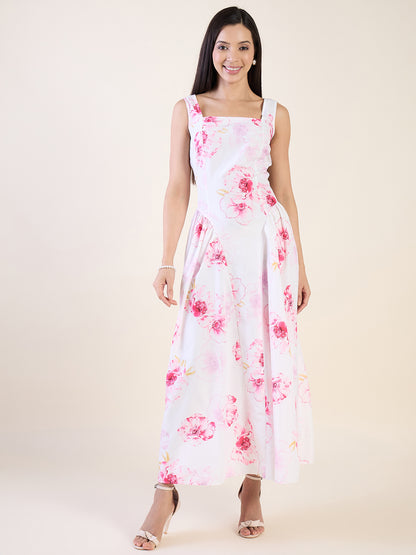 Garden Floral Print Crepe Fit and Flare Maxi Dress