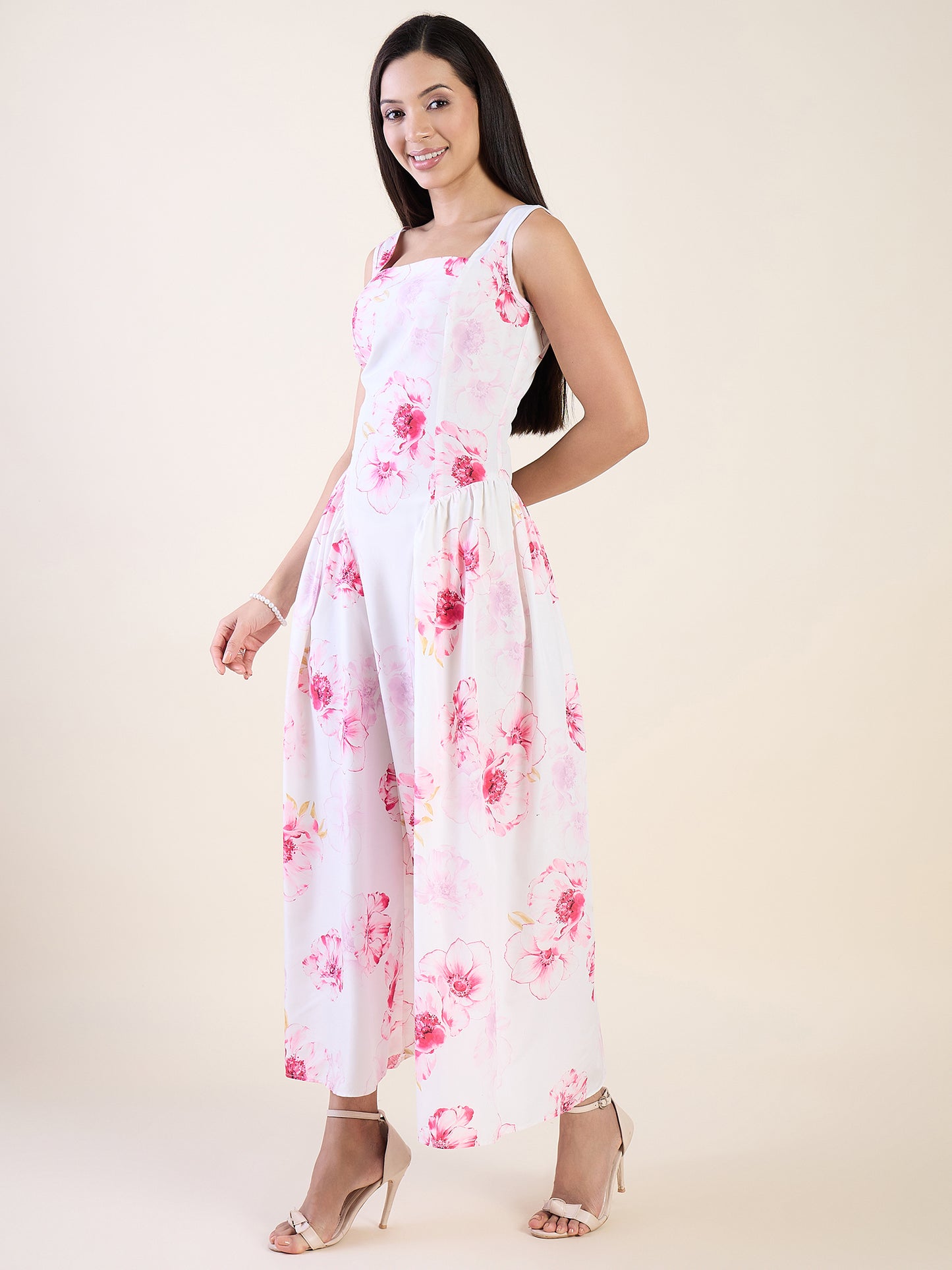 Garden Floral Print Crepe Fit and Flare Maxi Dress
