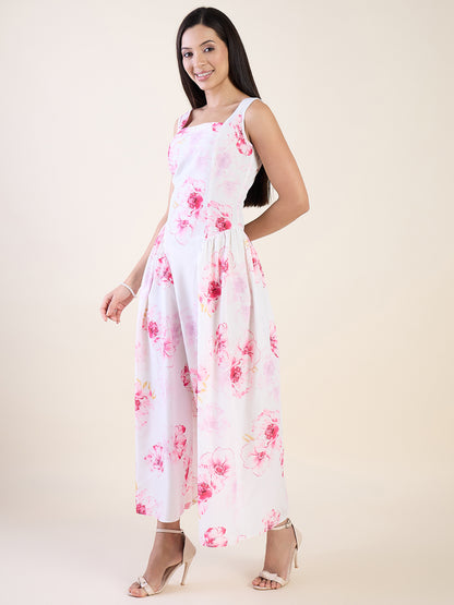 Garden Floral Print Crepe Fit and Flare Maxi Dress