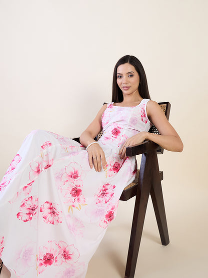 Garden Floral Print Crepe Fit and Flare Maxi Dress