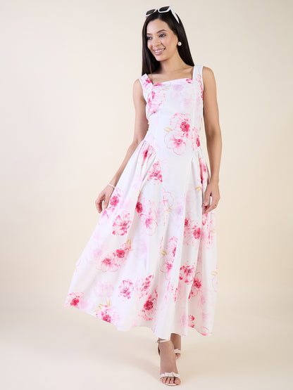 Garden Floral Print Crepe Fit and Flare Maxi Dress