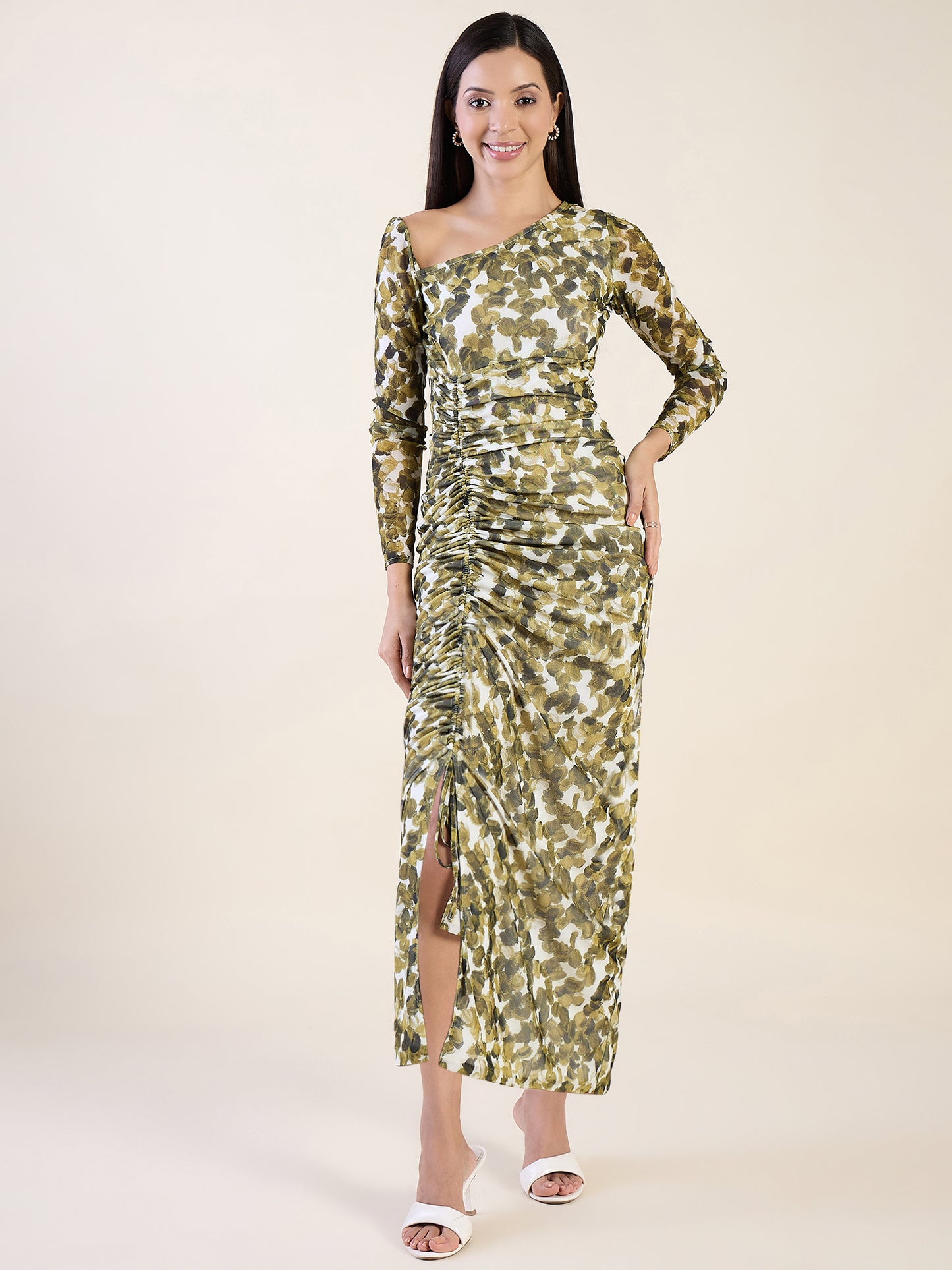 Abstract Print Net One Shoulder Maxi Dress