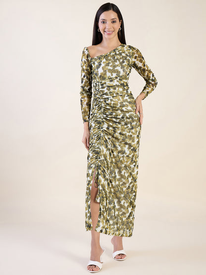 Abstract Print Net One Shoulder Maxi Dress