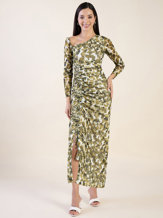 Abstract Print Net One Shoulder Maxi Dress