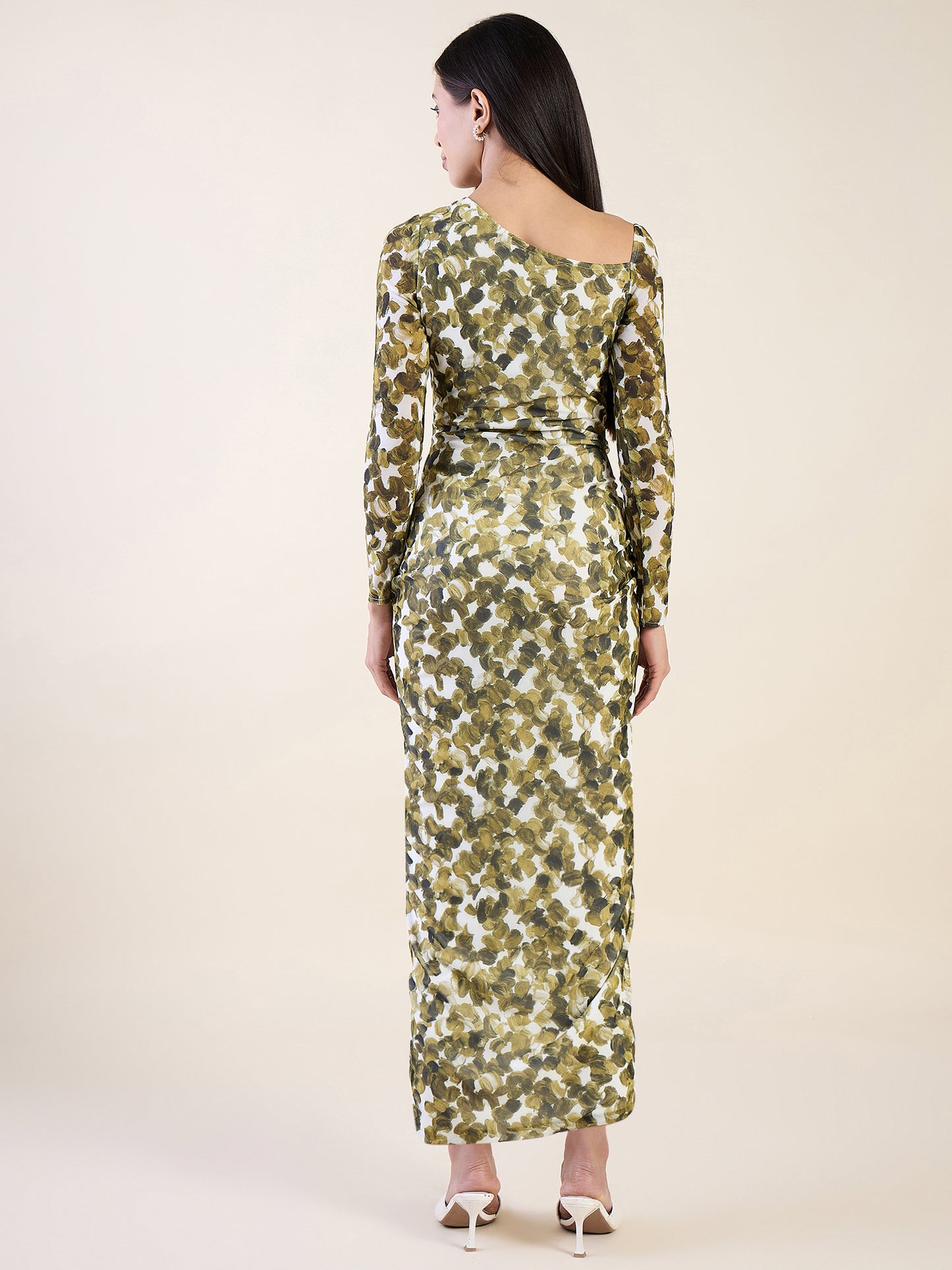 Abstract Print Net One Shoulder Maxi Dress