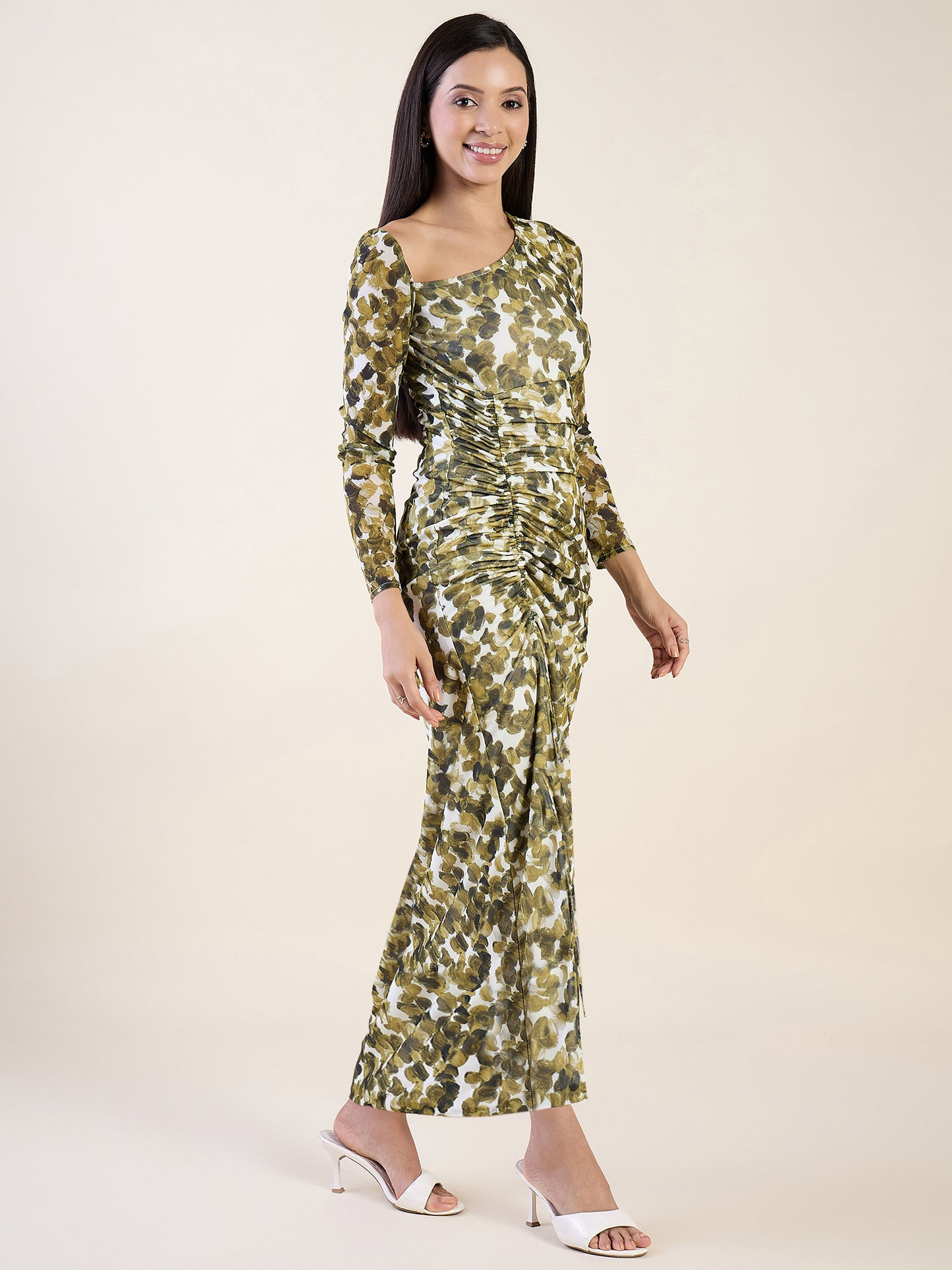 Abstract Print Net One Shoulder Maxi Dress
