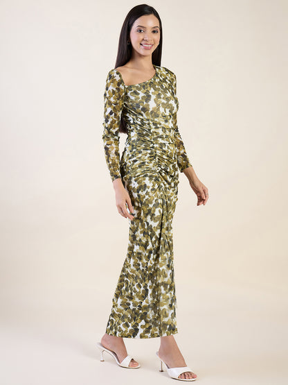 Abstract Print Net One Shoulder Maxi Dress