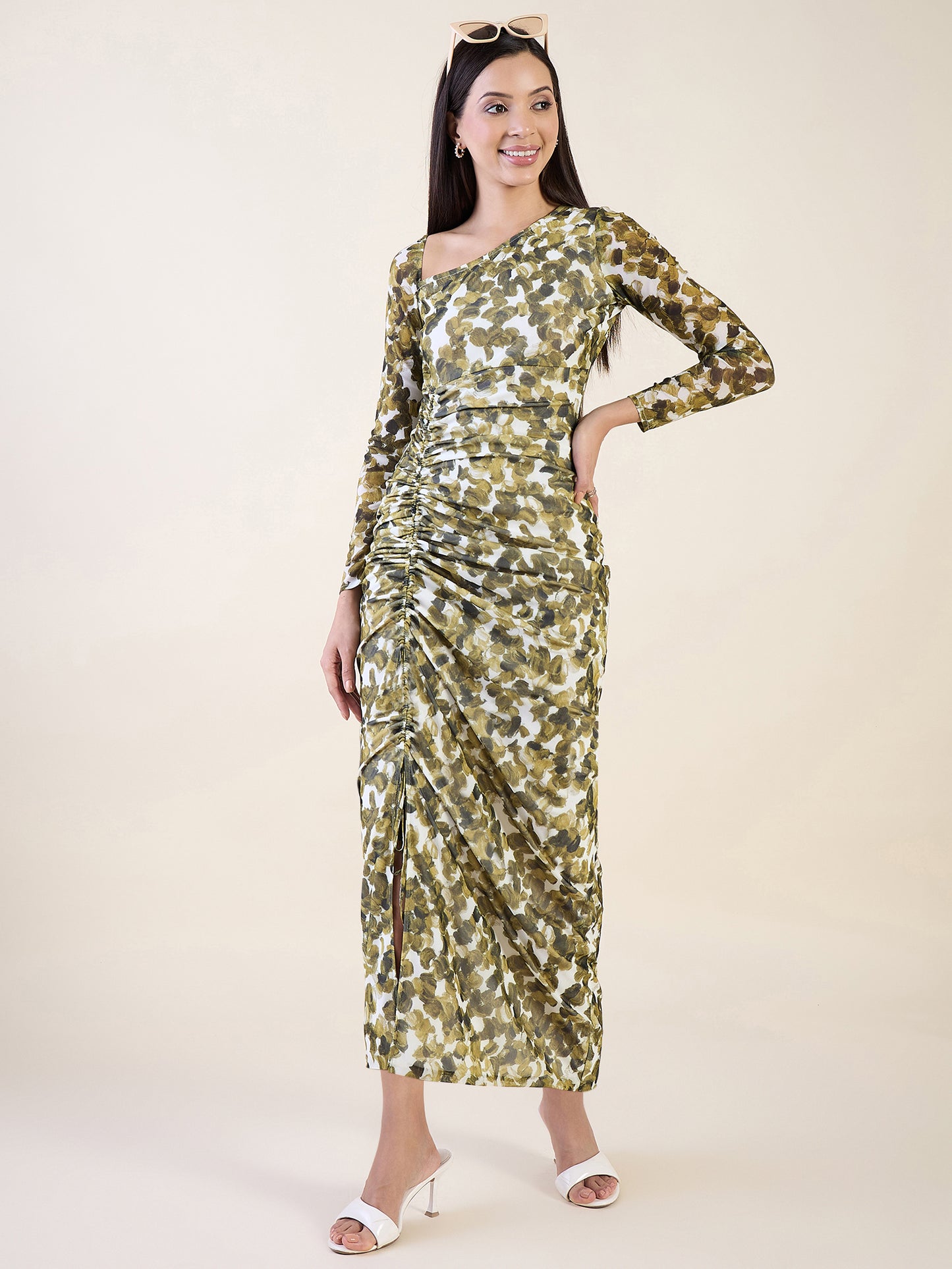Abstract Print Net One Shoulder Maxi Dress