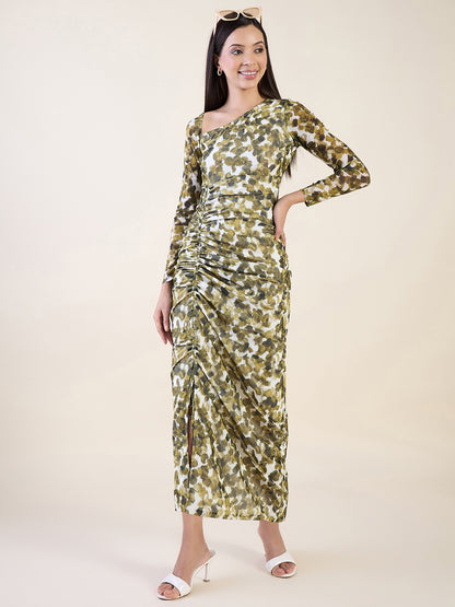 Abstract Print Net One Shoulder Maxi Dress