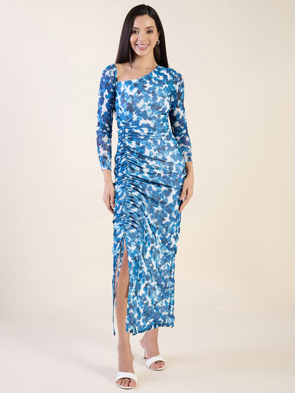 Abstract Print Net One Shoulder Maxi Dress