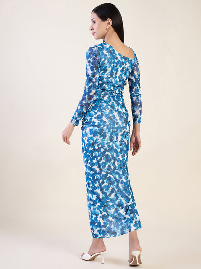 Abstract Print Net One Shoulder Maxi Dress