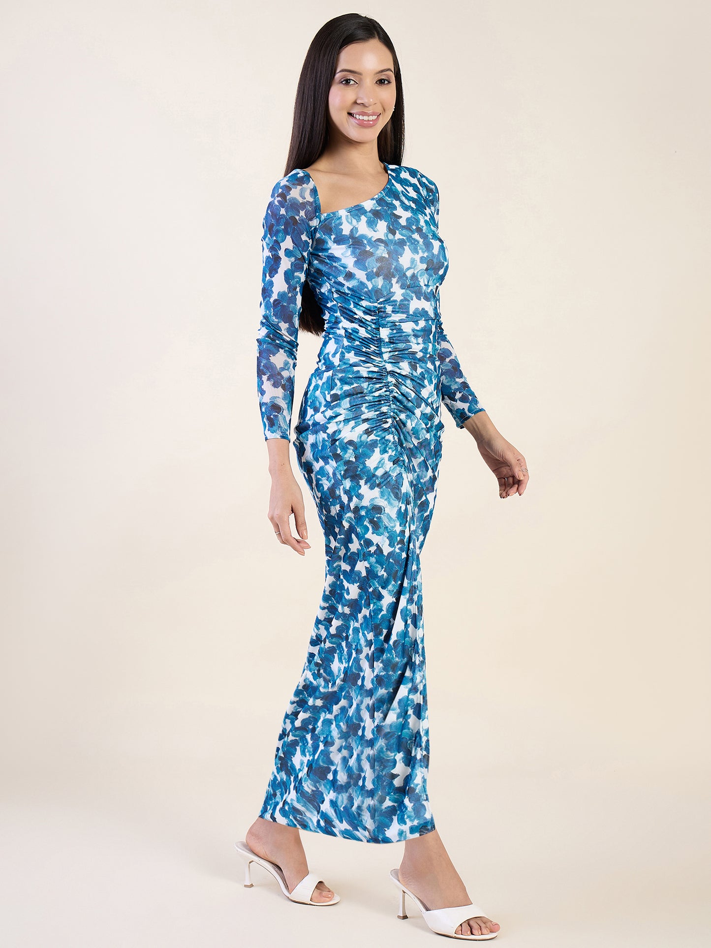 Abstract Print Net One Shoulder Maxi Dress