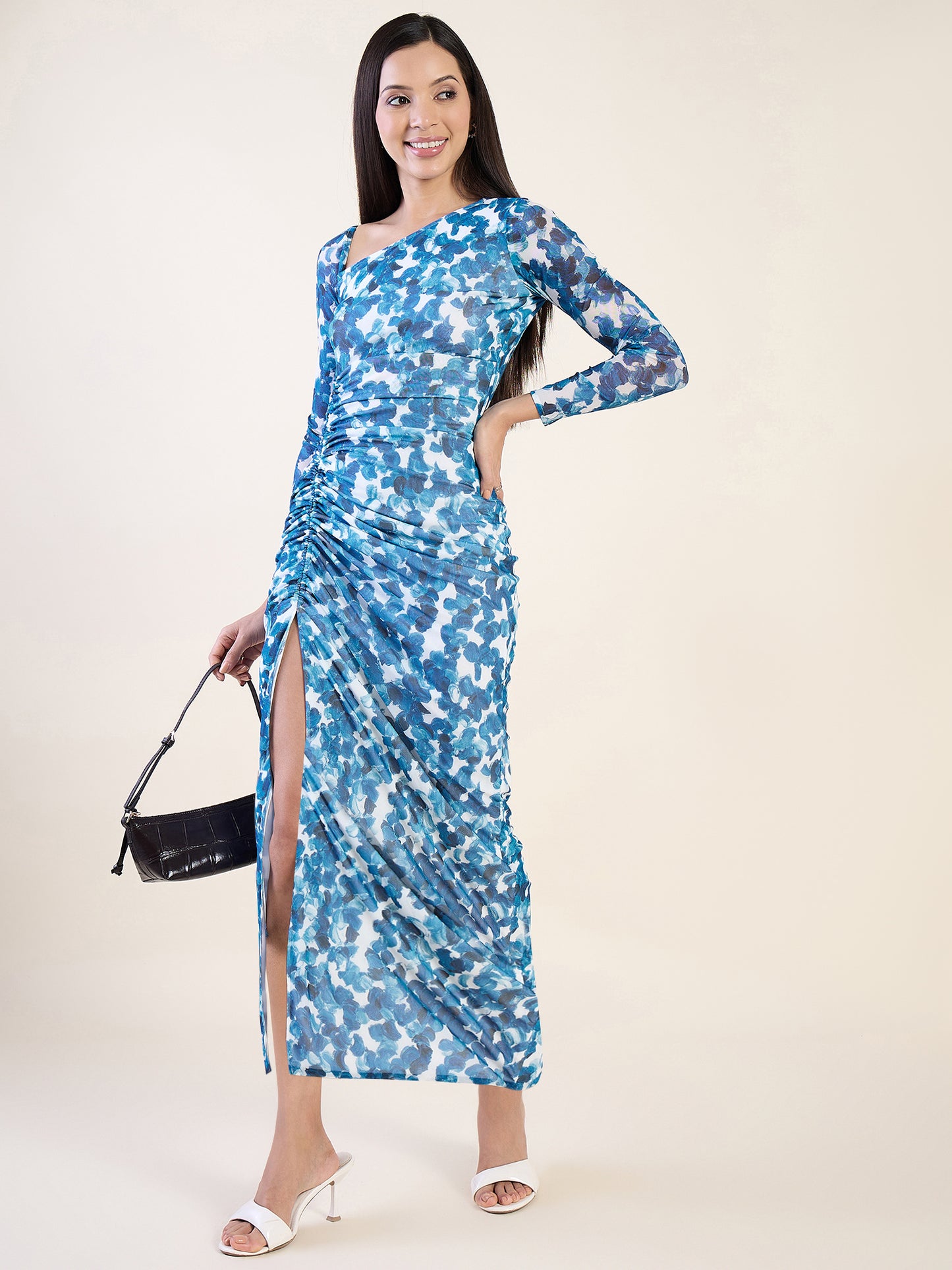 Abstract Print Net One Shoulder Maxi Dress