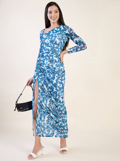 Abstract Print Net One Shoulder Maxi Dress