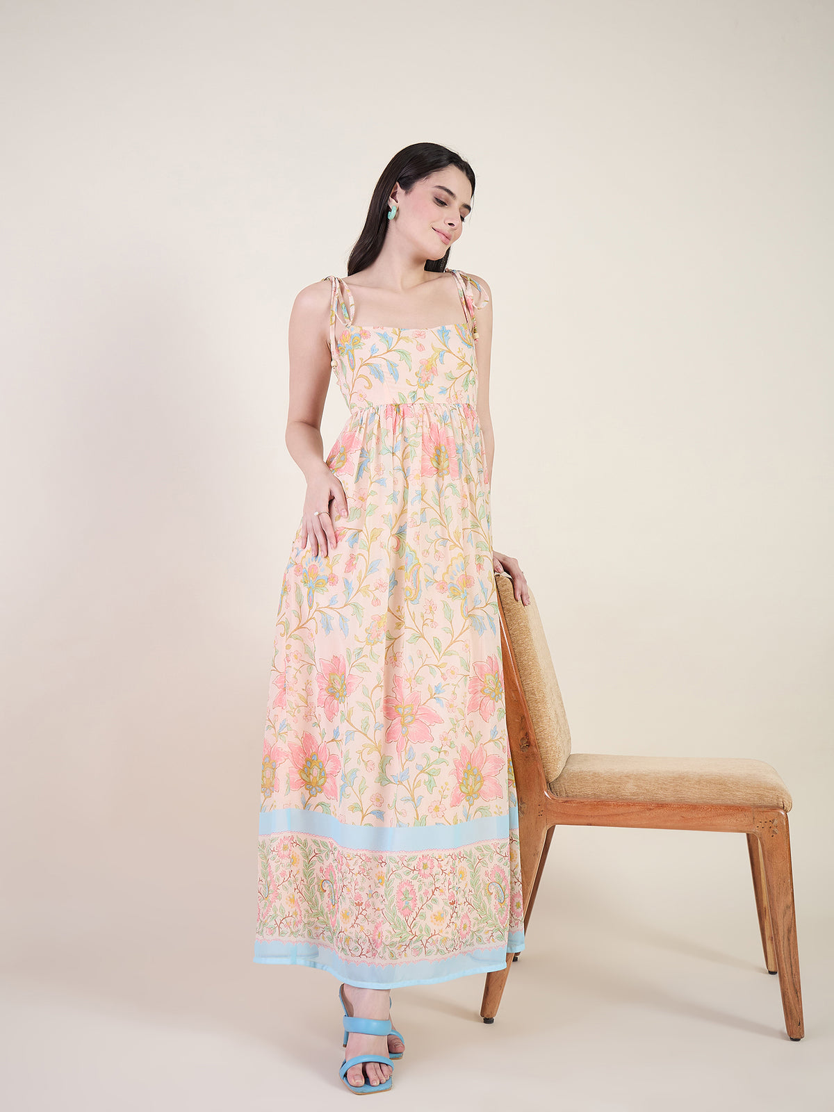 Floral Georgette Tie Strap Maxi Dress