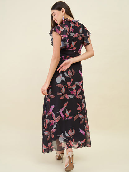 Woman wearing a floral dress on a beige background