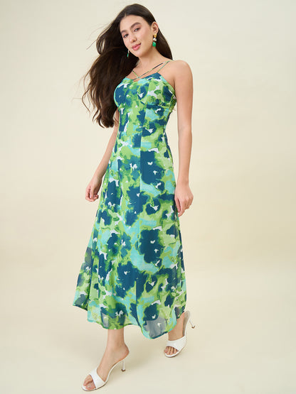 Woman wearing a floral dress on a beige background