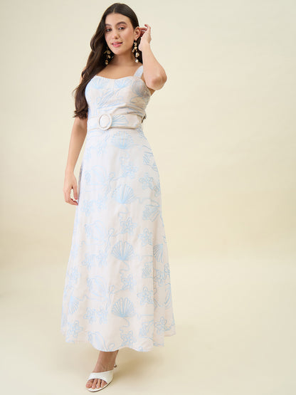 Seashell Embroidered Cotton Blend Fit and Flare Maxi Dress