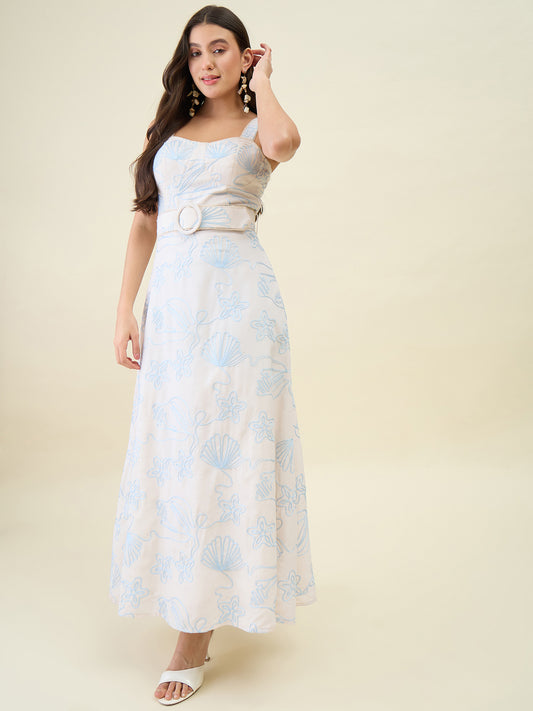 Seashell Embroidered Cotton Blend Fit and Flare Maxi Dress