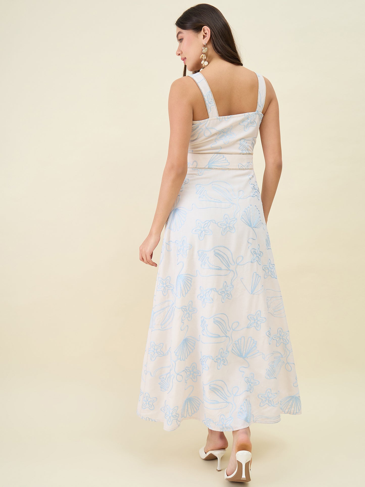 Seashell Embroidered Cotton Blend Fit and Flare Maxi Dress