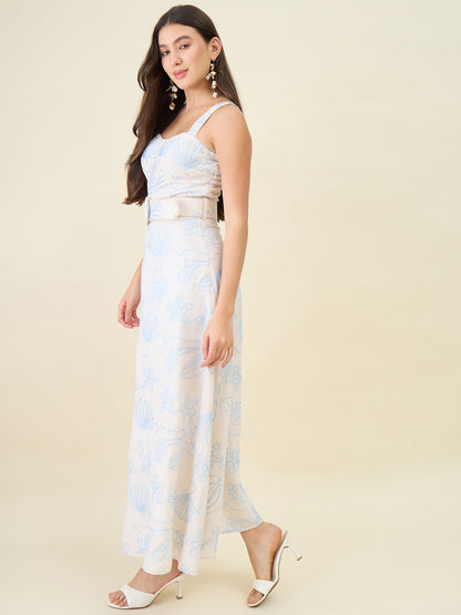 Seashell Embroidered Cotton Blend Fit and Flare Maxi Dress