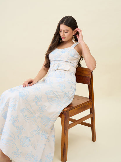 Seashell Embroidered Cotton Blend Fit and Flare Maxi Dress