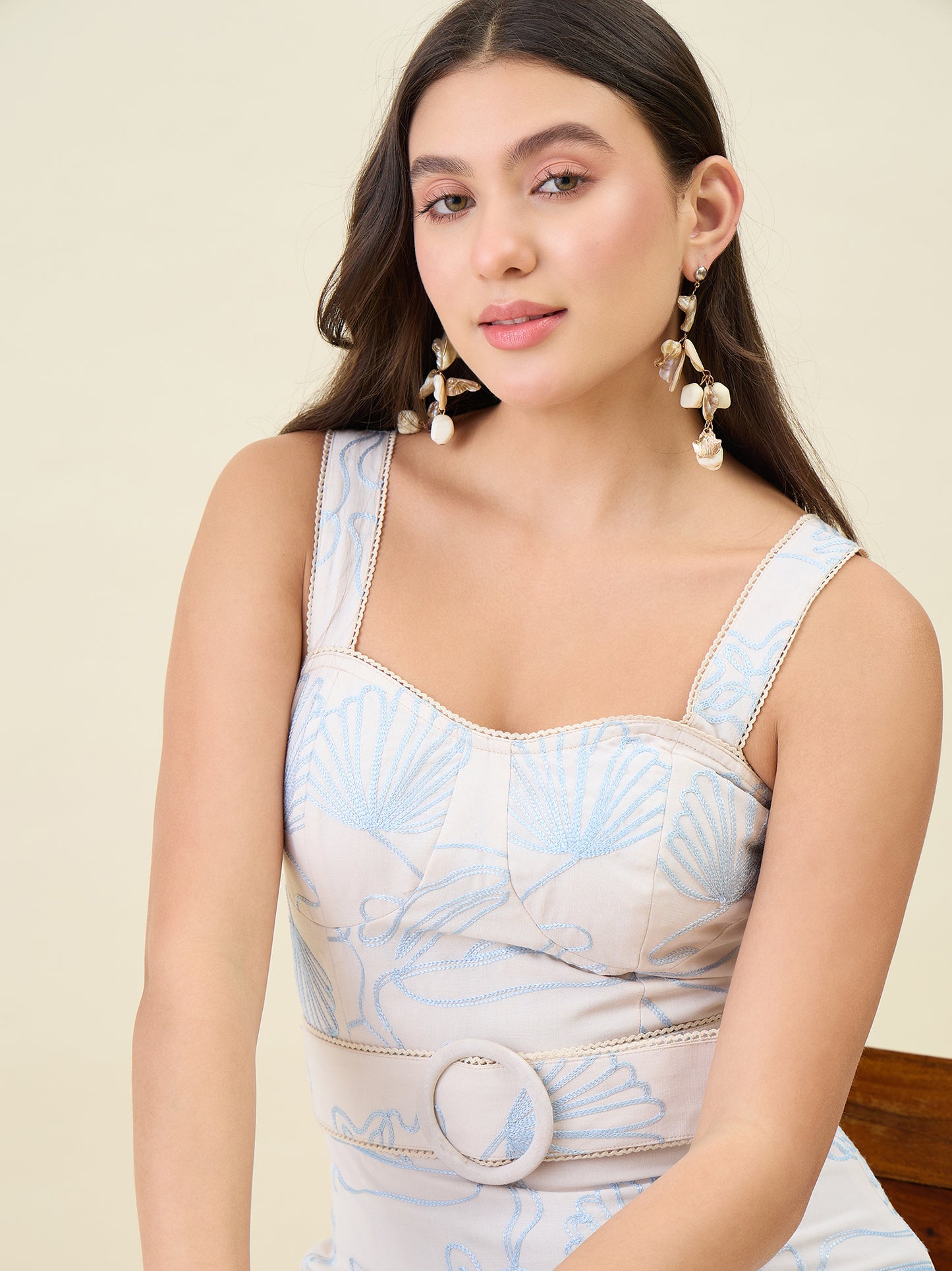 Seashell Embroidered Cotton Blend Fit and Flare Maxi Dress