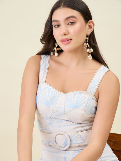 Seashell Embroidered Cotton Blend Fit and Flare Maxi Dress