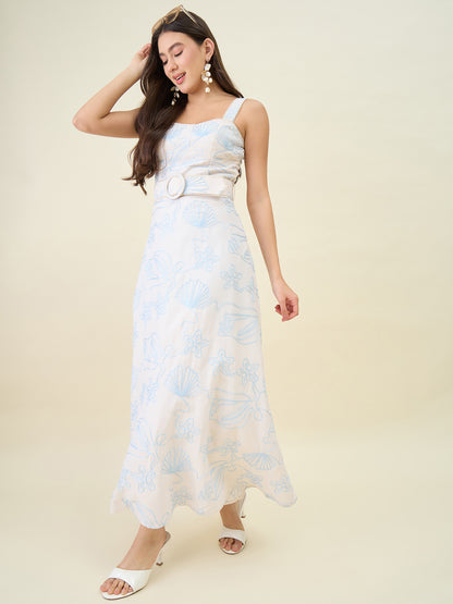 Seashell Embroidered Cotton Blend Fit and Flare Maxi Dress