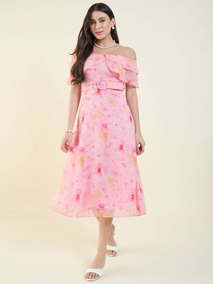 Floral Print Georgette Off-Shoulder Midi Dress