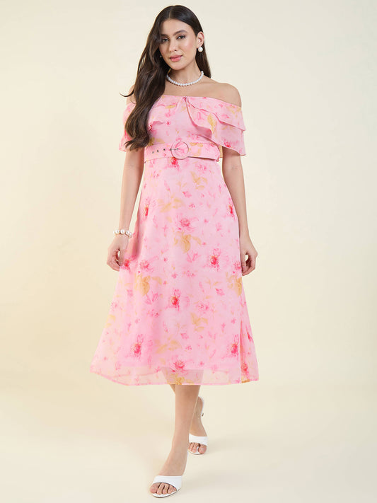 Floral Print Georgette Off-Shoulder Midi Dress