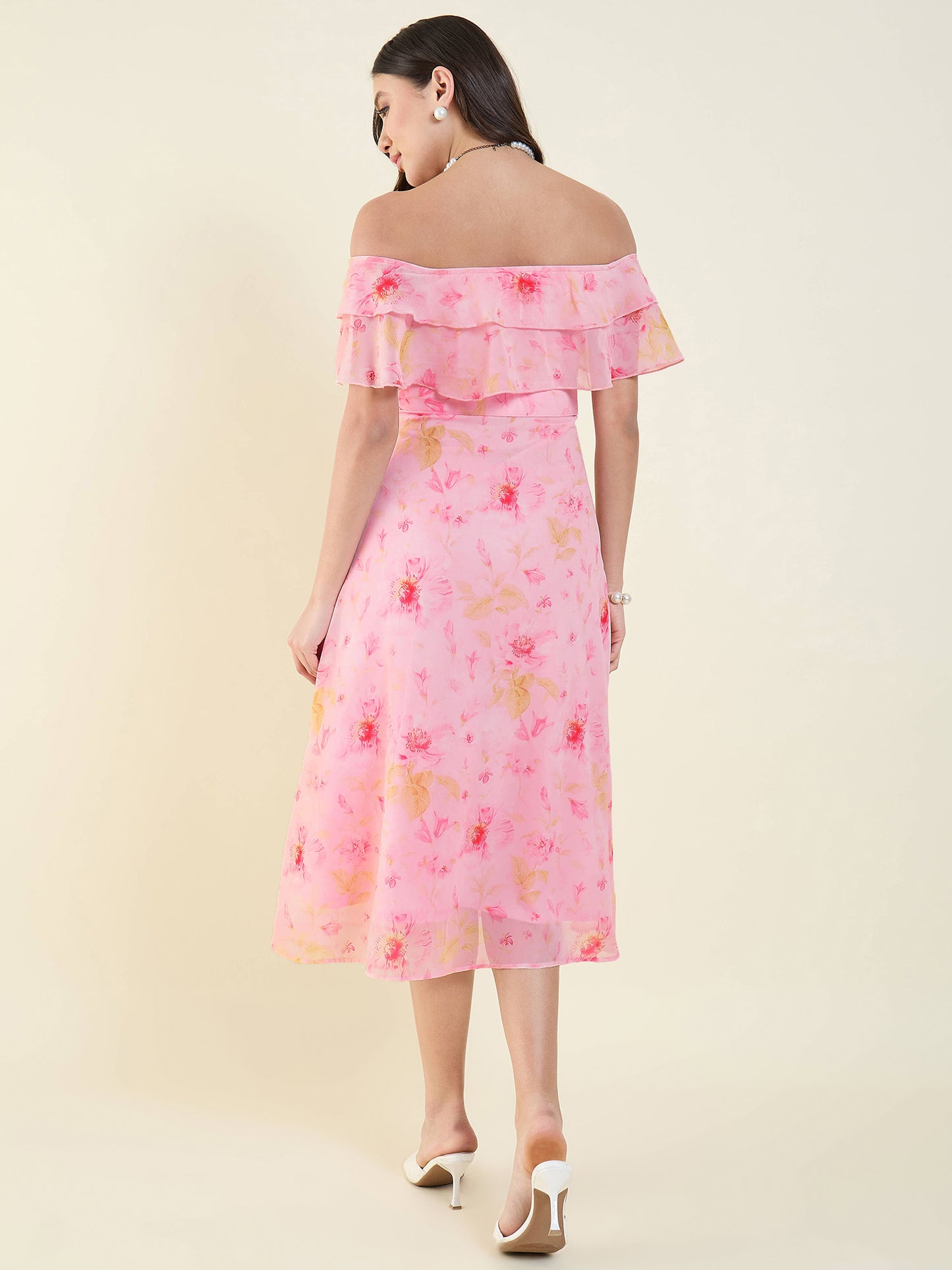 Floral Print Georgette Off-Shoulder Midi Dress
