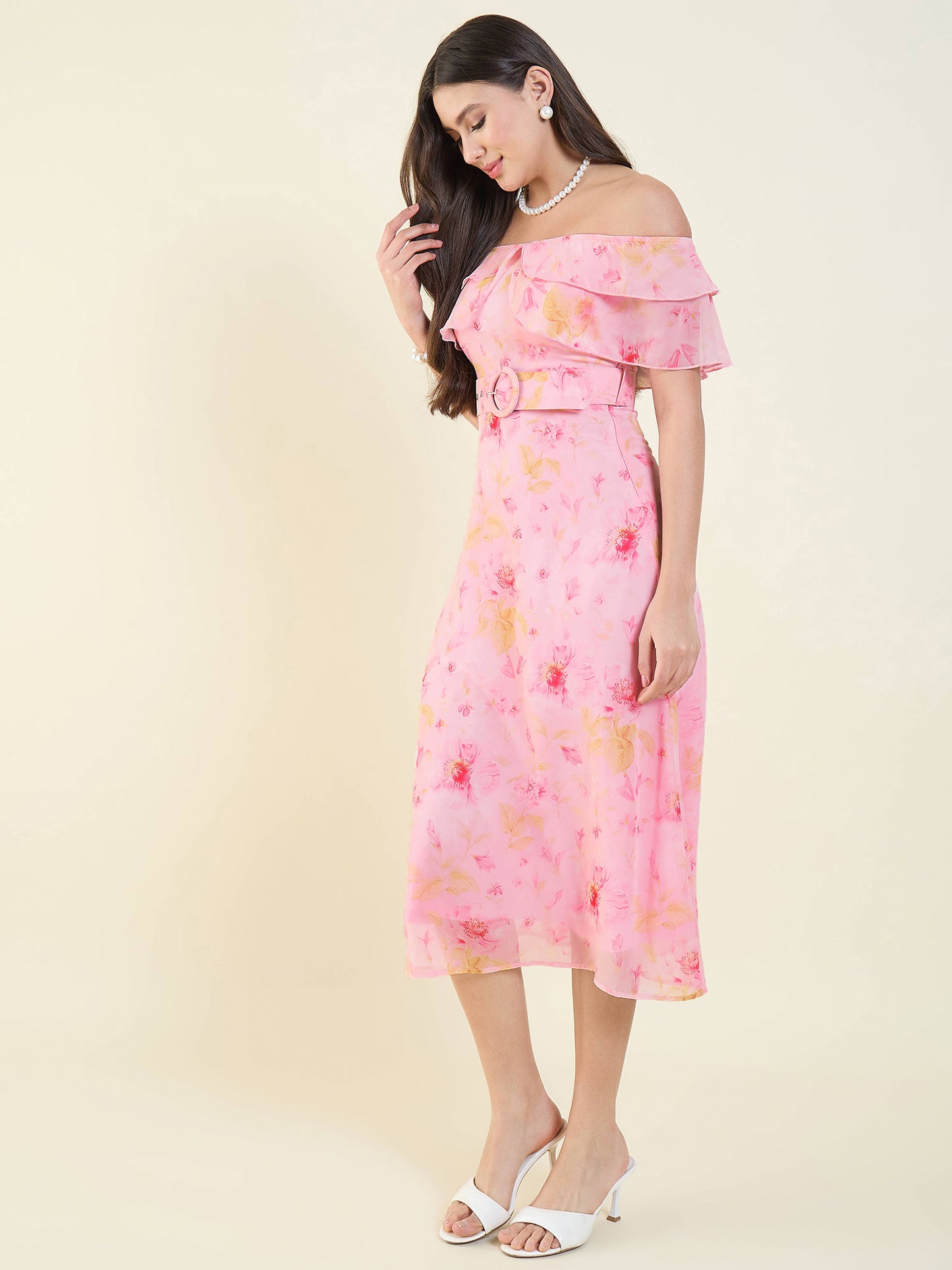 Floral Print Georgette Off-Shoulder Midi Dress