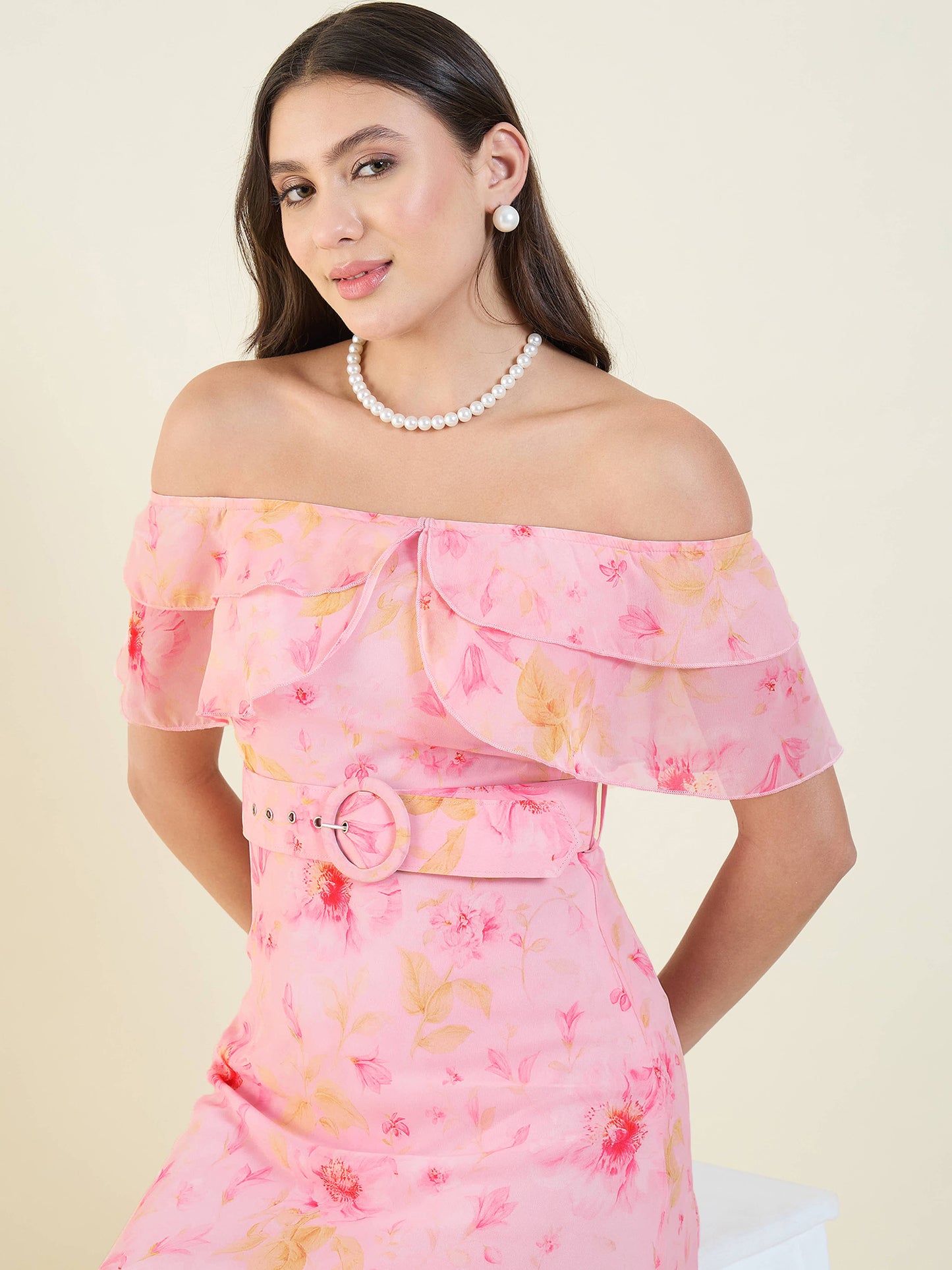 Floral Print Georgette Off-Shoulder Midi Dress