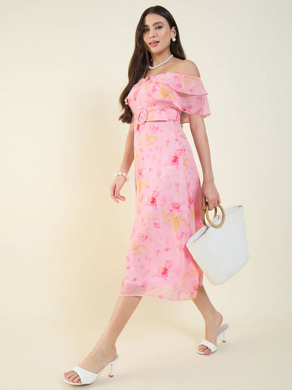 Floral Print Georgette Off-Shoulder Midi Dress