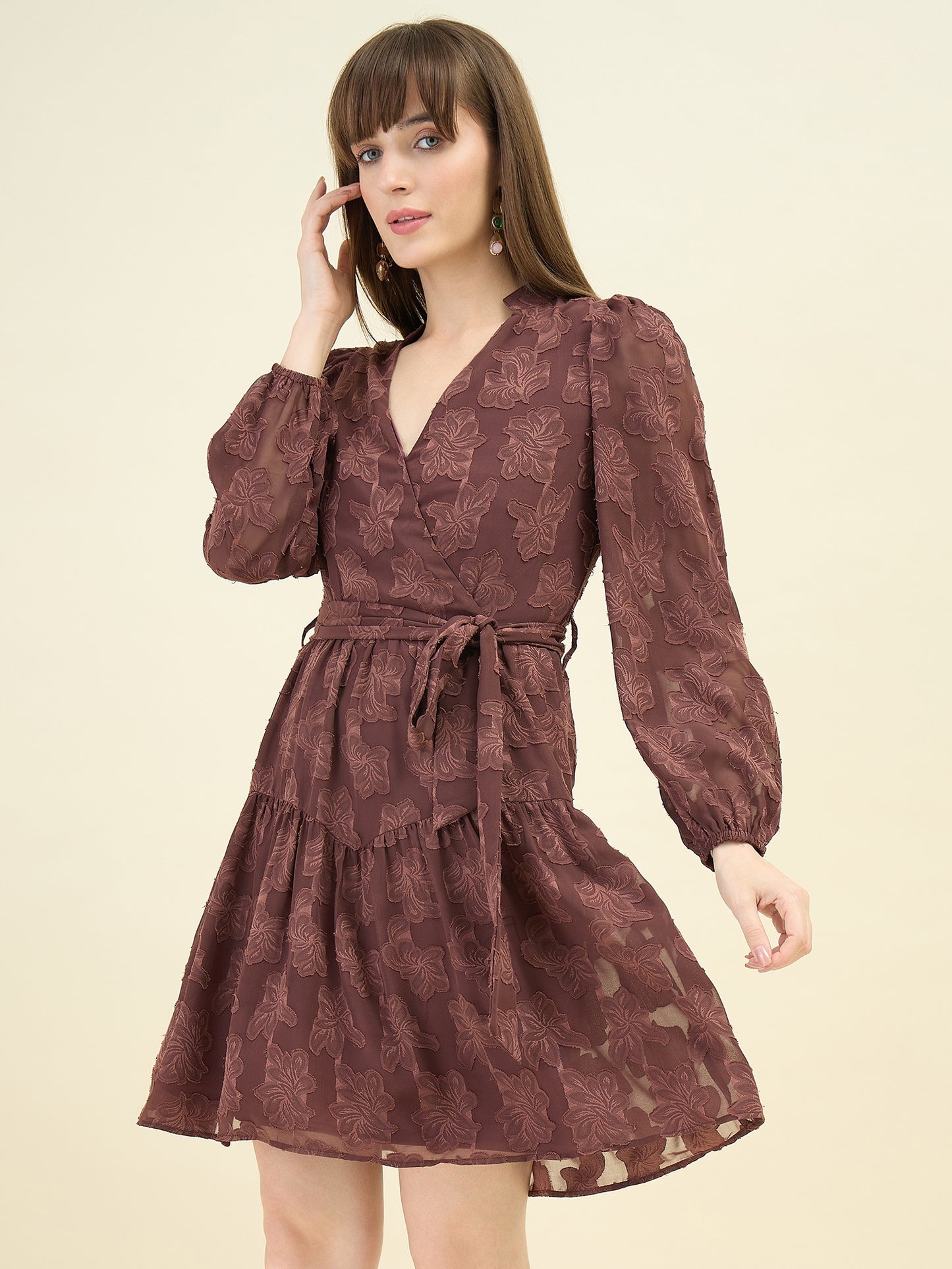 Floral Self Design Georgette Wrap Mini Dress