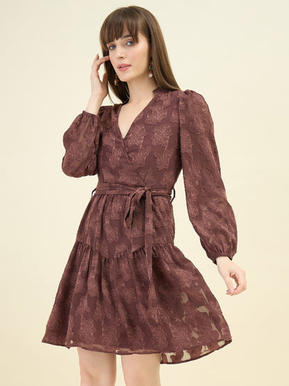 Floral Self Design Georgette Wrap Mini Dress