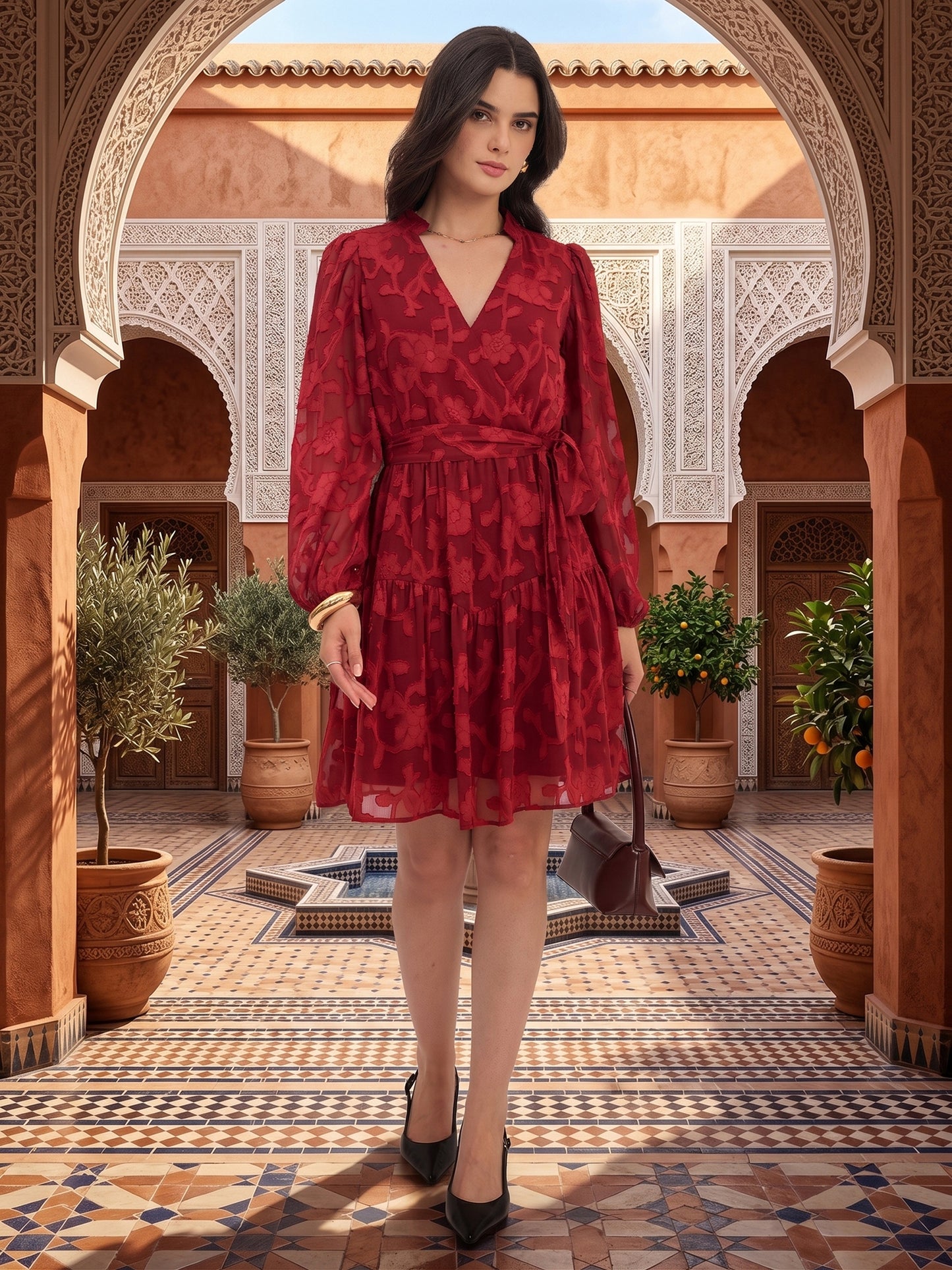 Floral Self Design Georgette Wrap Mini Dress