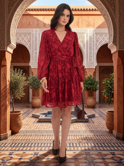Floral Self Design Georgette Wrap Mini Dress
