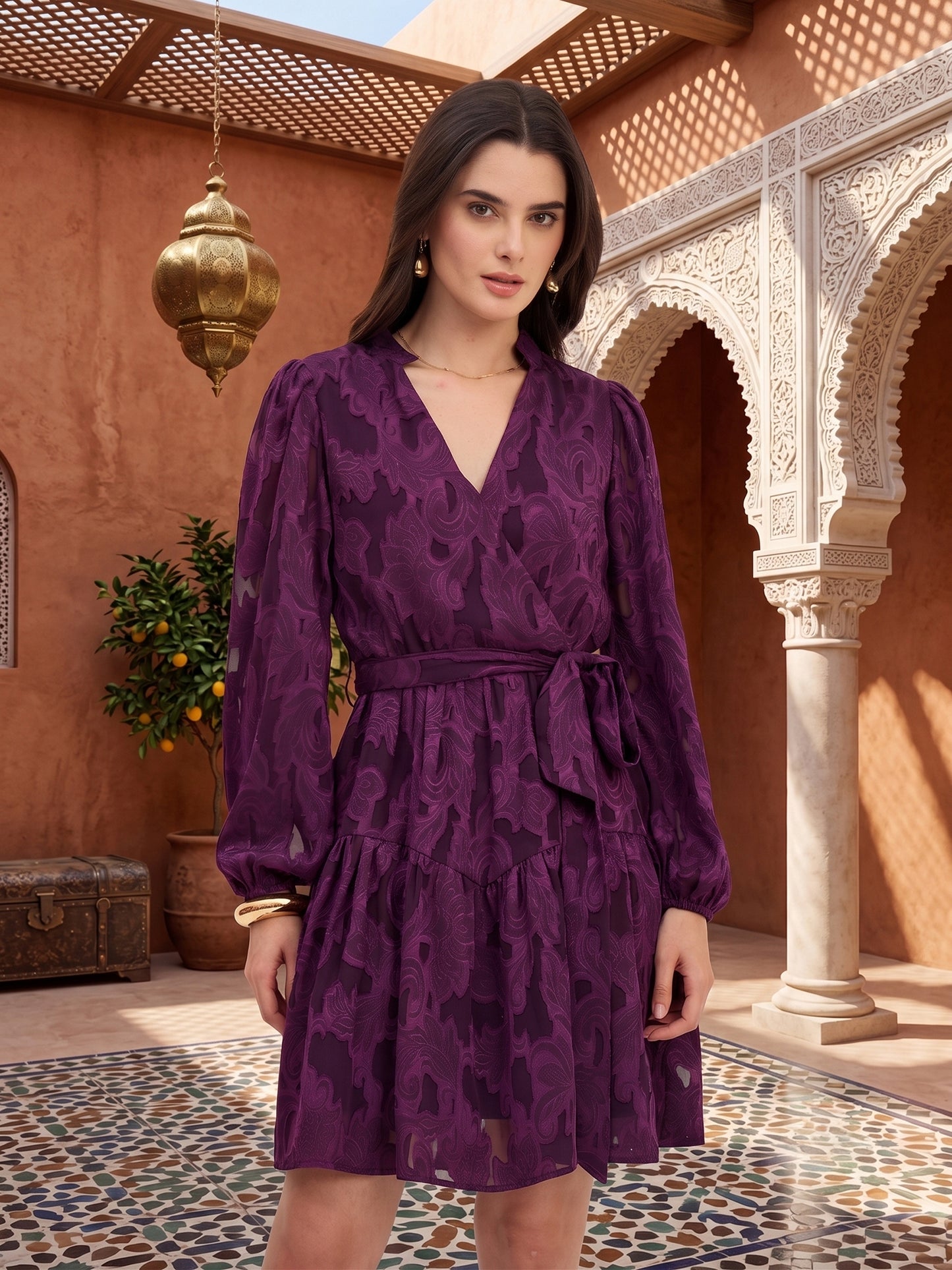 Floral Self Design Georgette Wrap Mini Dress