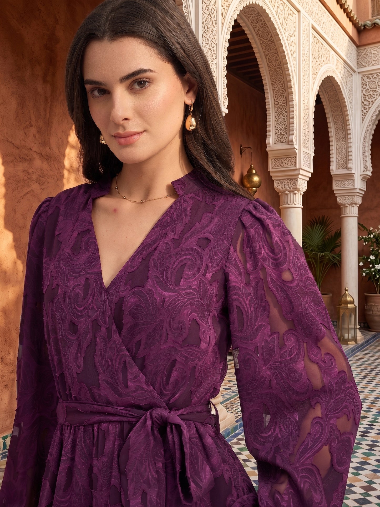 Floral Self Design Georgette Wrap Mini Dress