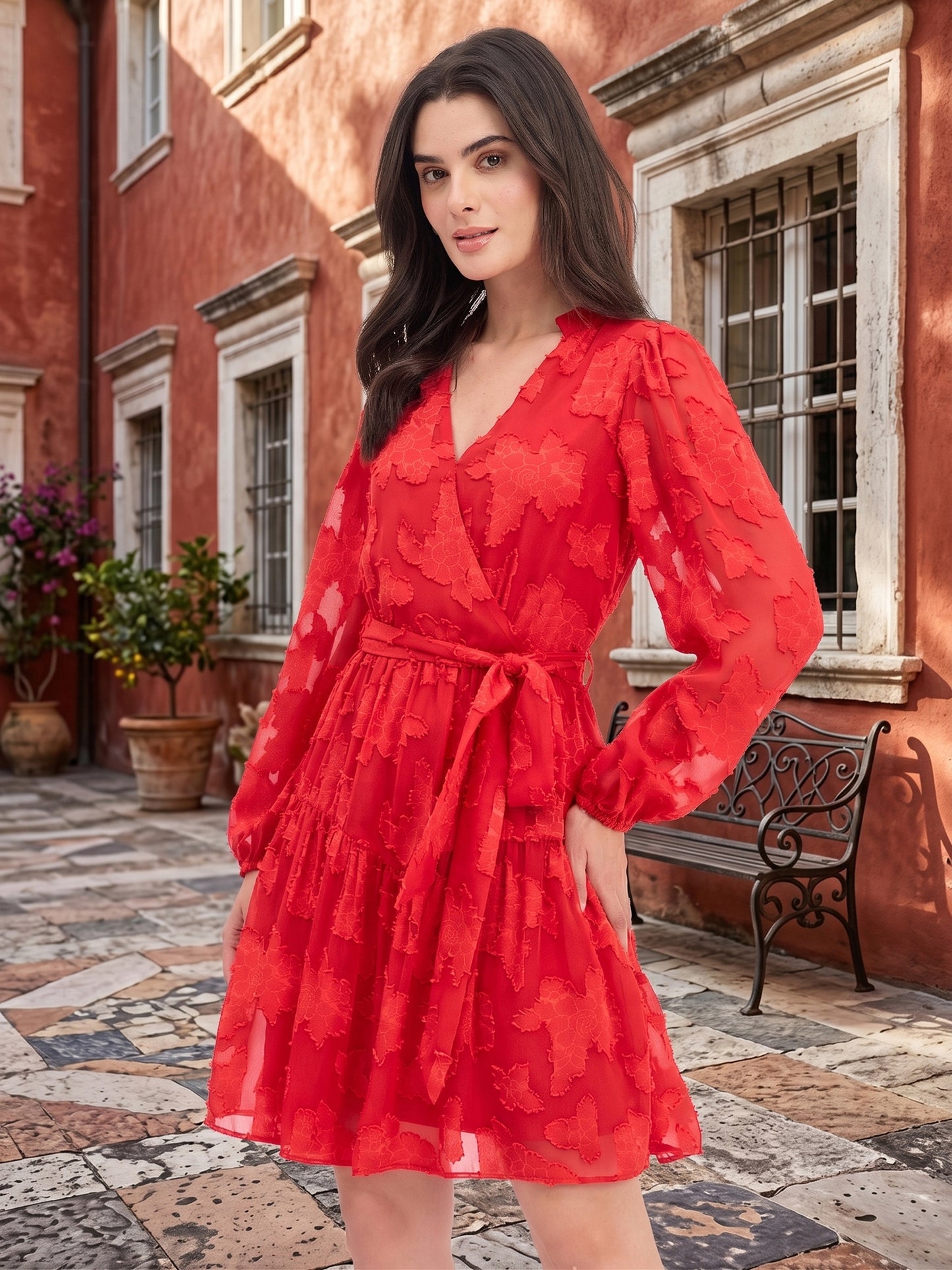 Floral Self Design Georgette Wrap Mini Dress