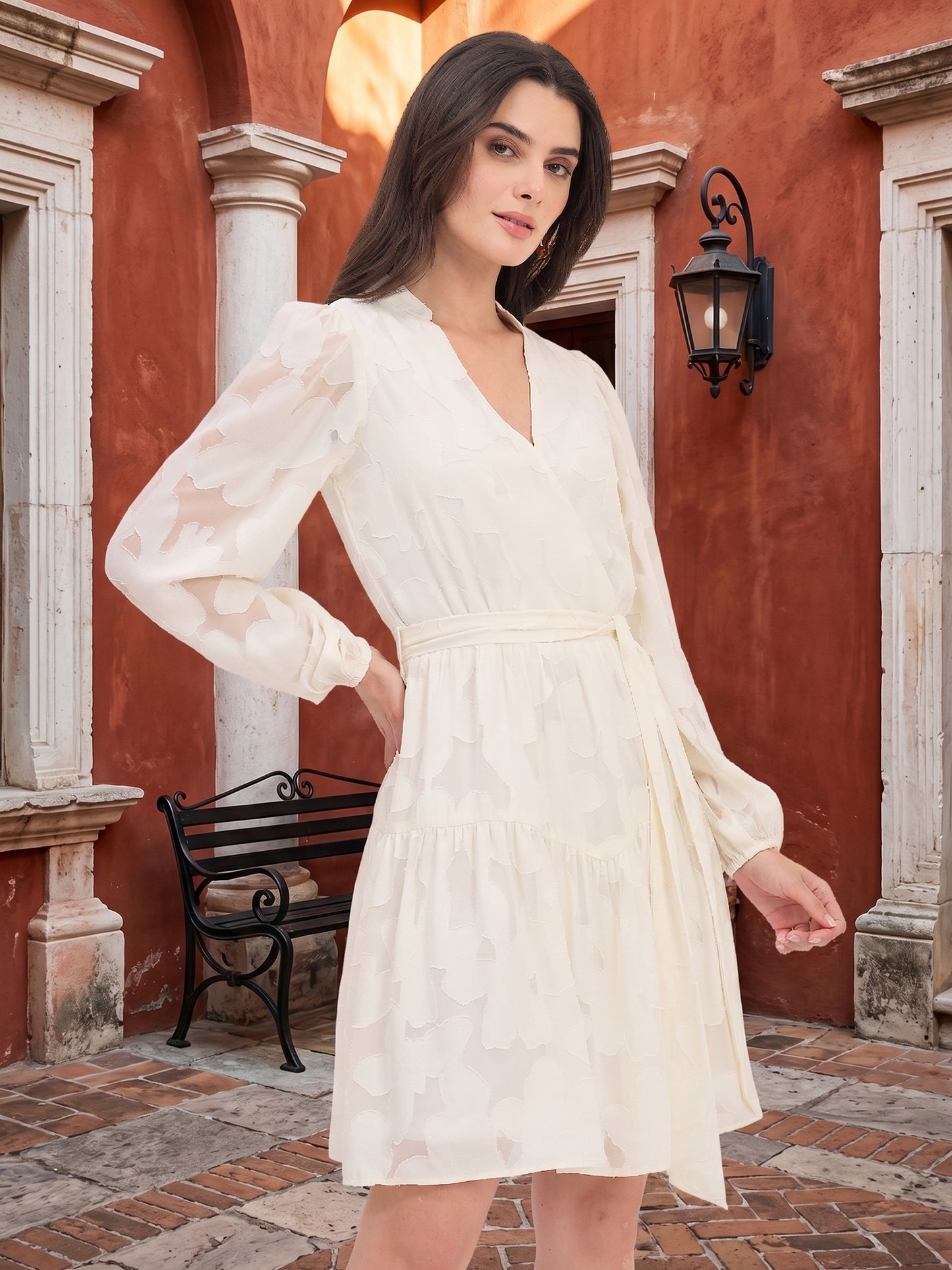 Floral Self Design Georgette Wrap Mini Dress