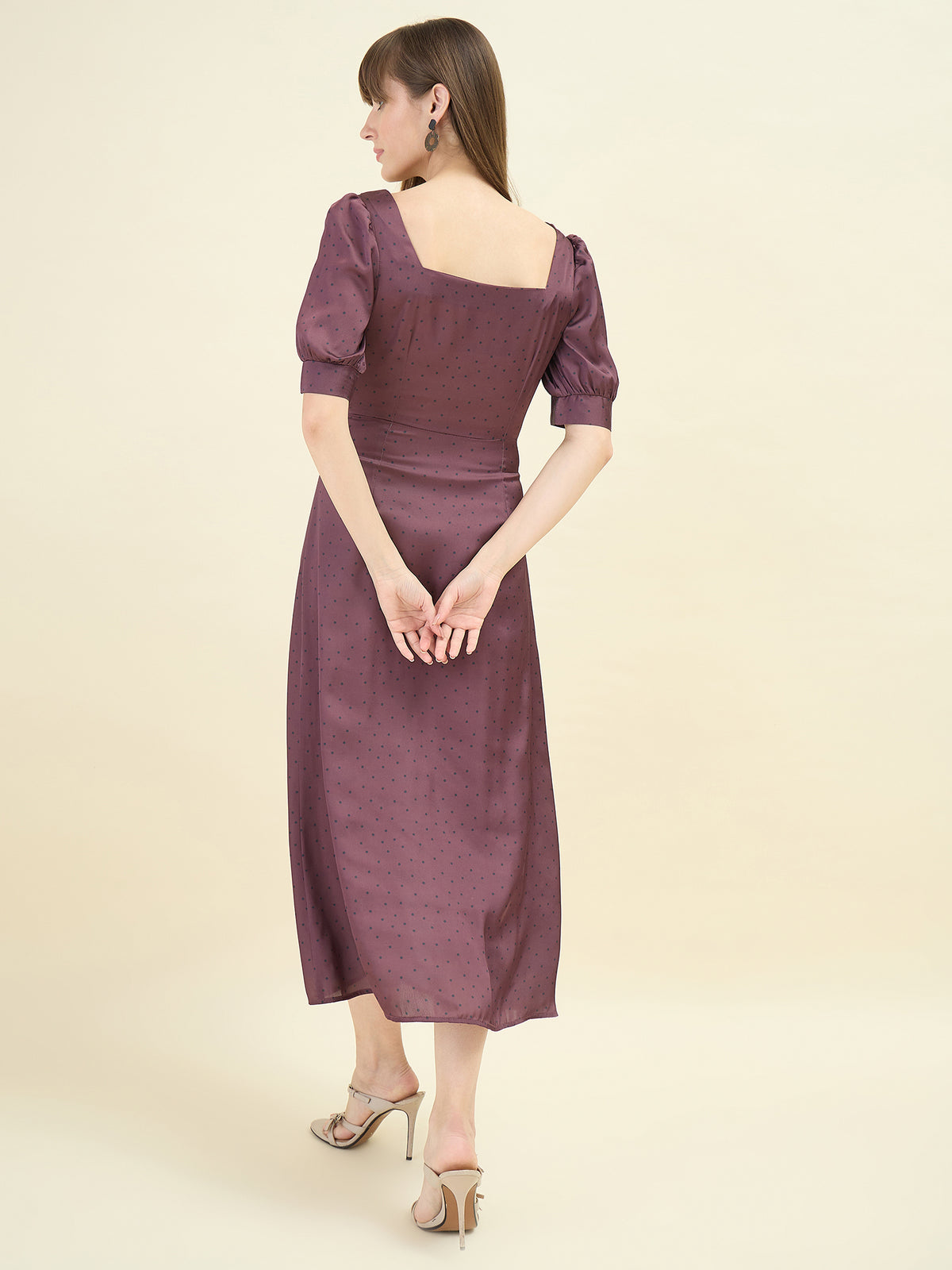 Polka Satin Puff Sleeve Midi Dress