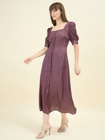 Polka Satin Puff Sleeve Midi Dress