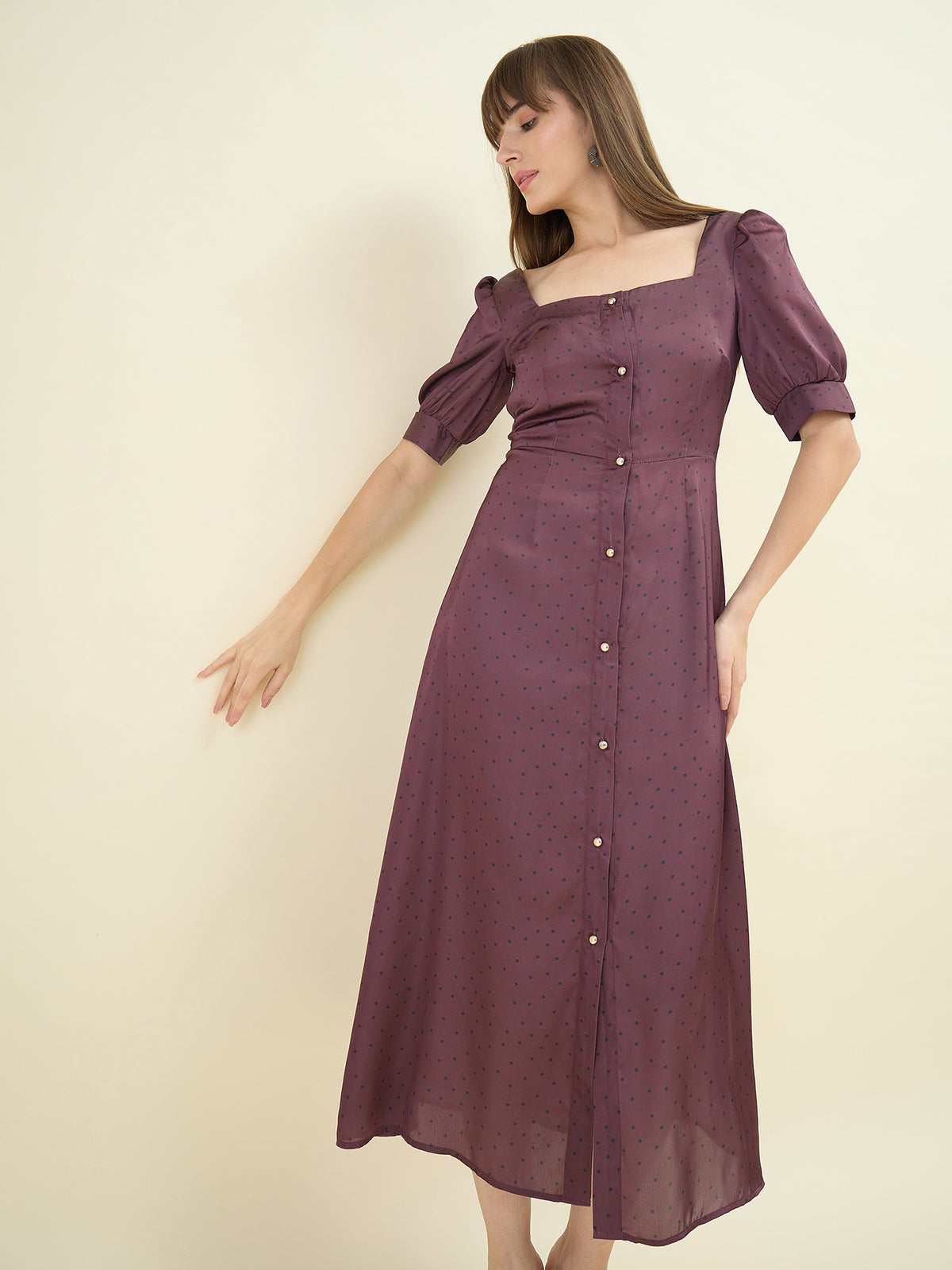 Polka Satin Puff Sleeve Midi Dress